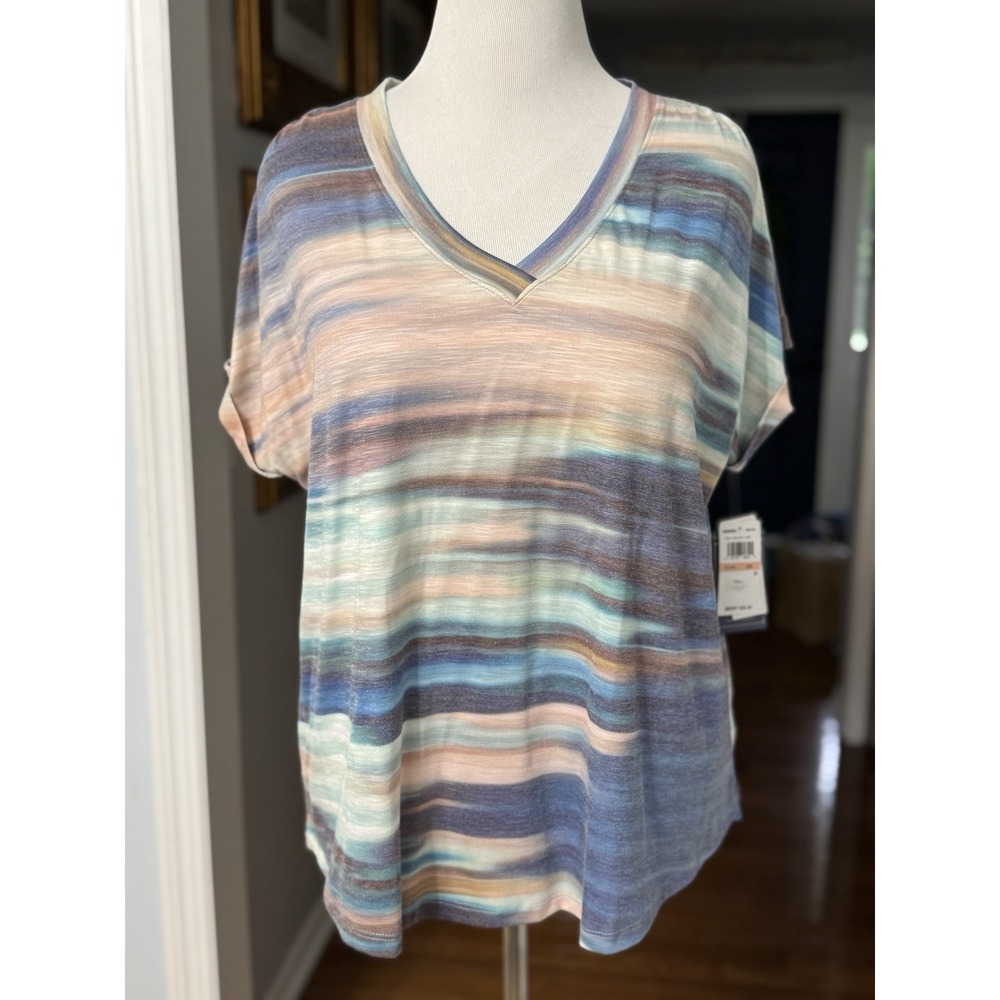 Democracy V Neck Striped Ombré Multicolor Top Tee Shirt 2X NWT $59